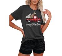 Merry Christmas Shirts for Women Buffalo Plaid Christmas Truck T Shirts Casual Short Sleeve Graphic Tops (Grey-b,XL)