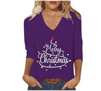 Merry Christmas Shirts for Women UK Trendy V Neck 3/4 Sleeve Tunic Tops Funny Xmas Tree Gnome Printed Blouse Dressy Casual Lightweight Loose Fit T-Shirt Going Out Tee
