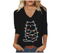 Merry Christmas Shirts for Women UK Trendy V Neck 3/4 Sleeve Tunic Tops Funny Xmas Tree Gnome Printed Blouse Dressy Casual Lightweight Loose Fit T-Shirt Going Out Tee