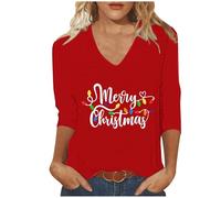 Merry Christmas Shirts for Women UK Trendy V Neck 3/4 Sleeve Tunic Tops Funny Xmas Tree Gnome Printed Blouse Dressy Casual Lightweight Loose Fit T-Shirt Going Out Tee