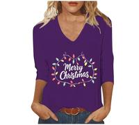 Merry Christmas Shirts for Women UK Trendy V Neck 3/4 Sleeve Tunic Tops Funny Xmas Tree Gnome Printed Blouse Dressy Casual Lightweight Loose Fit T-Shirt Going Out Tee