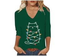 Merry Christmas Shirts for Women UK Trendy V Neck 3/4 Sleeve Tunic Tops Funny Xmas Tree Gnome Printed Blouse Dressy Casual Lightweight Loose Fit T-Shirt Going Out Tee