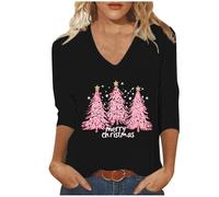 Merry Christmas Shirts for Women UK Trendy V Neck 3/4 Sleeve Tunic Tops Funny Xmas Tree Gnome Printed Blouse Dressy Casual Lightweight Loose Fit T-Shirt Going Out Tee