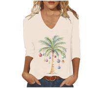 Merry Christmas Shirts for Women UK Trendy V Neck 3/4 Sleeve Tunic Tops Funny Xmas Tree Gnome Printed Blouse Dressy Casual Lightweight Loose Fit T-Shirt Going Out Tee