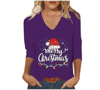 Merry Christmas Shirts for Women UK Trendy V Neck 3/4 Sleeve Tunic Tops Funny Xmas Tree Gnome Printed Blouse Dressy Casual Lightweight Loose Fit T-Shirt Going Out Tee