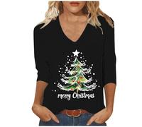 Merry Christmas Shirts for Women UK Trendy V Neck 3/4 Sleeve Tunic Tops Funny Xmas Tree Gnome Printed Blouse Dressy Casual Lightweight Loose Fit T-Shirt Going Out Tee