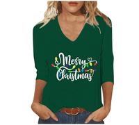 Merry Christmas Shirts for Women UK Trendy V Neck 3/4 Sleeve Tunic Tops Funny Xmas Tree Gnome Printed Blouse Dressy Casual Lightweight Loose Fit T-Shirt Going Out Tee