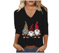 Merry Christmas Shirts for Women UK Trendy V Neck 3/4 Sleeve Tunic Tops Funny Xmas Tree Gnome Printed Blouse Dressy Casual Lightweight Loose Fit T-Shirt Going Out Tee
