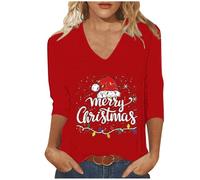 Merry Christmas Shirts for Women UK Trendy V Neck 3/4 Sleeve Tunic Tops Funny Xmas Tree Gnome Printed Blouse Dressy Casual Lightweight Loose Fit T-Shirt Going Out Tee