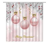 Merry Christmas Shower Curtain Pink Xmas Ball Stars Dreamy Winter Holiday Seasonal Festival Happy New Year Fabric Bathroom Decor Curtain with Hooks