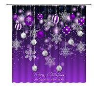 Merry Christmas Shower Curtain Purple Christmas Balls Winter Snowflake Silver Happy New Year Xmas Holiday Fabric Bathroom Decor Set with Hooks（70" WX70 H）