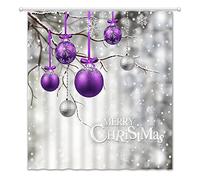 Merry Christmas Shower Curtain Purple Silver Christmas Ball White Snowflake Tree Branch Winter Festive Holiday Fantasy Happy New Year Dream Xmas Ball Fabric Bathroom Decor with Hooks