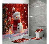 Merry Christmas Shower Curtain Set 4 Pcs Winter Christmas Bathroom Decor with Non Slip Rug Toilet Lid Cover and Bath Mat Snowman Shower Curtain with 12 Hooks for Xmas Bathroom Decor (Style 6)
