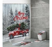 Merry Christmas Shower Curtain Set 4 Pcs Winter Christmas Bathroom Decor with Non Slip Rug Toilet Lid Cover and Bath Mat Snowman Shower Curtain with 12 Hooks for Xmas Bathroom Decor (Style 10)