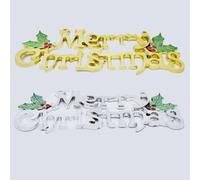 Merry Christmas Signs, 2Pcs Christmas Word Glittery Hanging Signs with Holly Berries and Leaves for Xmas Holiday Party Home Decoration. (Gold+Silver)