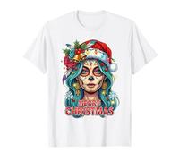 Merry Christmas Skull Art Woman Santa Hat Festive Design T-Shirt