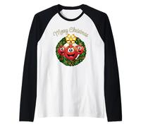 Merry Christmas Smiling Ball Ornaments Gold Bow Fun Raglan Baseball Tee