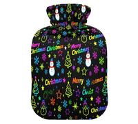 Merry Christmas Snow Flake Rainbow Black Water Bottle for hot Water with Soft Cover, 2L hot compresses for The Body for Hand Feet Warmer,Hand Feet Warmer,Bolsa Caliente para Dolores musculares