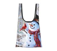 Merry Christmas Snow Man and Birds Print Reusable, Foldable,Washable Grocery Bags Foldable in A Pouch Eco Tote Shopping Bag,Daily Shopping Loading