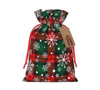 Merry Christmas Snowflakes Red Green Lattice Plaid Holiday Drawstring Gift Bags, Christmas Gift Wrapping Sacks Pouches For Xmas Presents Party Favor 8 X 12in