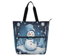 Merry Christmas Snowman Blue White Cute Book Tote Bag for Kids Students Adults Large Library Shoulder Bag Handbag with Zipper for College Shopping Beach Rainbow