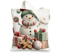 Merry Christmas Snowman Canvas Tote Bag for Shopping 13x15, Kid Fun Xmas Candy Reusable Grocery Print Bag for Women, Holiday New Year Aesthetic Painting Gift Decoration