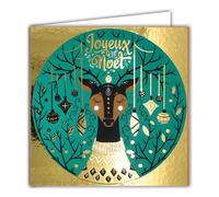 Merry Christmas Square Card in Shiny Gold with White Envelope 15 x 15 cm - Reindeer Deer Deer Hanging Balls Wood Black Sweater Chic Elegant 25th December Holidays End of Year Winter - Made in France