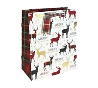 Merry Christmas Stag Large White Gift Bag 33cm - Festive Paper Present Bag with Tartan Ribbon Handles & Name Tag