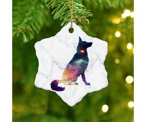 Merry Christmas,Starry Sky Silhouette Dog German Shepherd Christmas Ornament Ceramic Snowflake for Christmas Tree Decoration Pendant Bauble Pet Dog Keepsake Winter Memorial New Year Souvenir