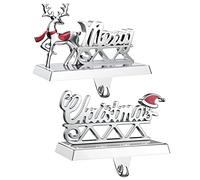 Merry Christmas Stocking Holders Set of 2 - Christmas Reindeer Mantle Stocking Hangers - Weighted Shiny Silver Metal Deer Home Holiday Décor