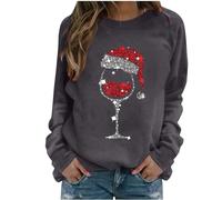 Merry Christmas Sweatshirt Women Graphic Sweatshirt Novelty Gnome Doll Wine Glass Print Long Sleeve Xmas Jumper Ladies Casual Shirts Round Neck Blouses Tops Loose Fitting Pullover Sweatshirts