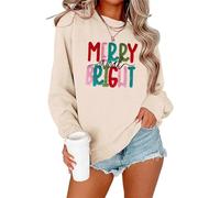 Merry Christmas Sweatshirts Women Merry And Bright Christmas Pullover Top Chenille Patch Letter Printed Xmas Gifts Top, Apricot, XXL