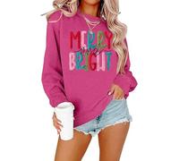 Merry Christmas Sweatshirts Women Merry And Bright Christmas Pullover Top Chenille Patch Letter Printed Xmas Gifts Top, Rose, Medium