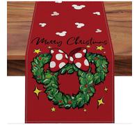 Merry Christmas Table Runner, Mouse Wreath, Red Polka Dot Bow, Stars, Kitchen Table Decoration, 13 x 72 inches