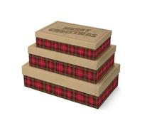 Merry Christmas Tartan Kraft Rectangular Gift Box - Pack of 3 Reusable Holiday Present Boxes with Festive Design