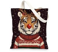 Merry Christmas Tiger Canvas Tote Bag for Shopping 13 * 15, Fun Snow Animal Xmas Reusable Grocery Bag for Women, Holiday Wildlife Aesthetic Painting Gift Decor