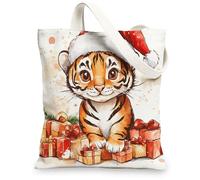 Merry Christmas Tiger Canvas Tote Bag for Shopping 13 * 15, Winter Fun Animal Xmas Reusable Grocery Bag for Women, Holiday Wildlife Aesthetic Painting Gift Decor