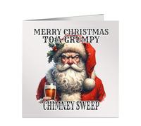 Merry Christmas To A Grumpy Chimney Sweep Xmas Card Funny Miserable Watercolour Image of Santa Drinking A Beer