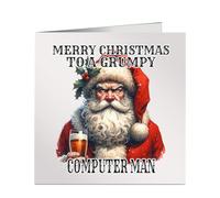 Merry Christmas To A Grumpy Computer Man Xmas Card Funny Miserable Watercolour Image of Santa Drinking A Beer
