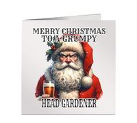 Merry Christmas To A Grumpy Head Gardener Xmas Card Funny Miserable Watercolour Image of Santa Drinking A Beer