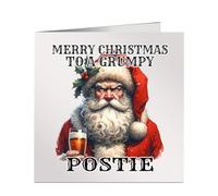 Merry Christmas To A Grumpy Postie Xmas Card Funny Miserable Watercolour Image of Santa Drinking A Beer