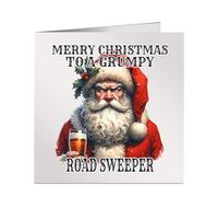 Merry Christmas To A Grumpy Road Sweeper Xmas Card Funny Miserable Watercolour Image of Santa Drinking A Beer