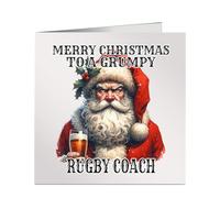 Merry Christmas To A Grumpy Rugby Coach Xmas Card Funny Miserable Watercolour Image of Santa Drinking A Beer