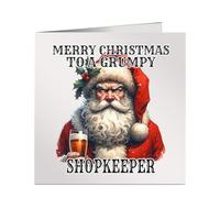 Merry Christmas To A Grumpy Shopkeeper Xmas Card Funny Miserable Watercolour Image of Santa Drinking A Beer