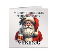 Merry Christmas To A Grumpy Viking Xmas Card Funny Miserable Watercolour Image of Santa Drinking A Beer