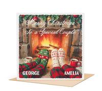 Merry Christmas to a Special Couple Card - Personalised Greeting Card with Two Names & Custom Message Inside - Cosy Fireplace Design - Square 148mm with Envelope
