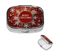 Merry Christmas Too Pill Box 2 Compartment Square Portable Pill Case for Pocket or Purse Small Weekly Medicine Planner Travel Pillbox with Mirror Decorative Metal Vitamin Holder Gifts