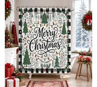 Merry Christmas Tree Calligraphy Shower Curtain 72x72 Inch | Buffalo Plaid Border, Calligraphy Typography, Winter Holiday Motif, Farmhouse Bathroom Decor, Seasonal Home Accents