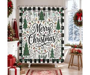 Merry Christmas Tree Calligraphy Shower Curtain 72x72 Inch | Buffalo Plaid Border, Calligraphy Typography, Winter Holiday Motif, Farmhouse Bathroom Decor, Seasonal Home Accents