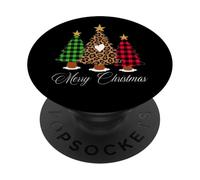 Merry Christmas Tree Leopard Buffalo Plaid Xmas Pajamas PopSockets Adhesive PopGrip